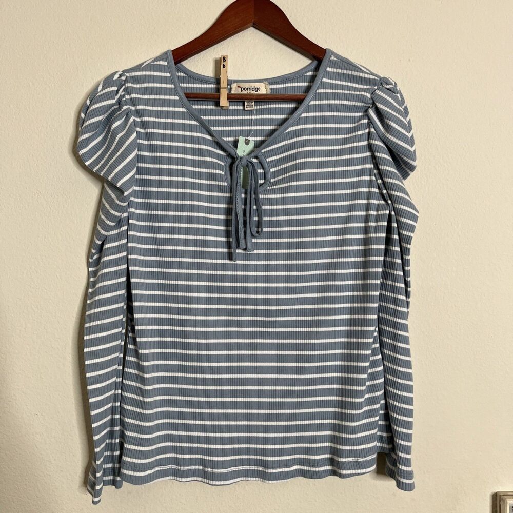 Porridge Anthroplogie Long Puff Sleeve Striped Tie Front Ribbed Top Blue SZ 1X